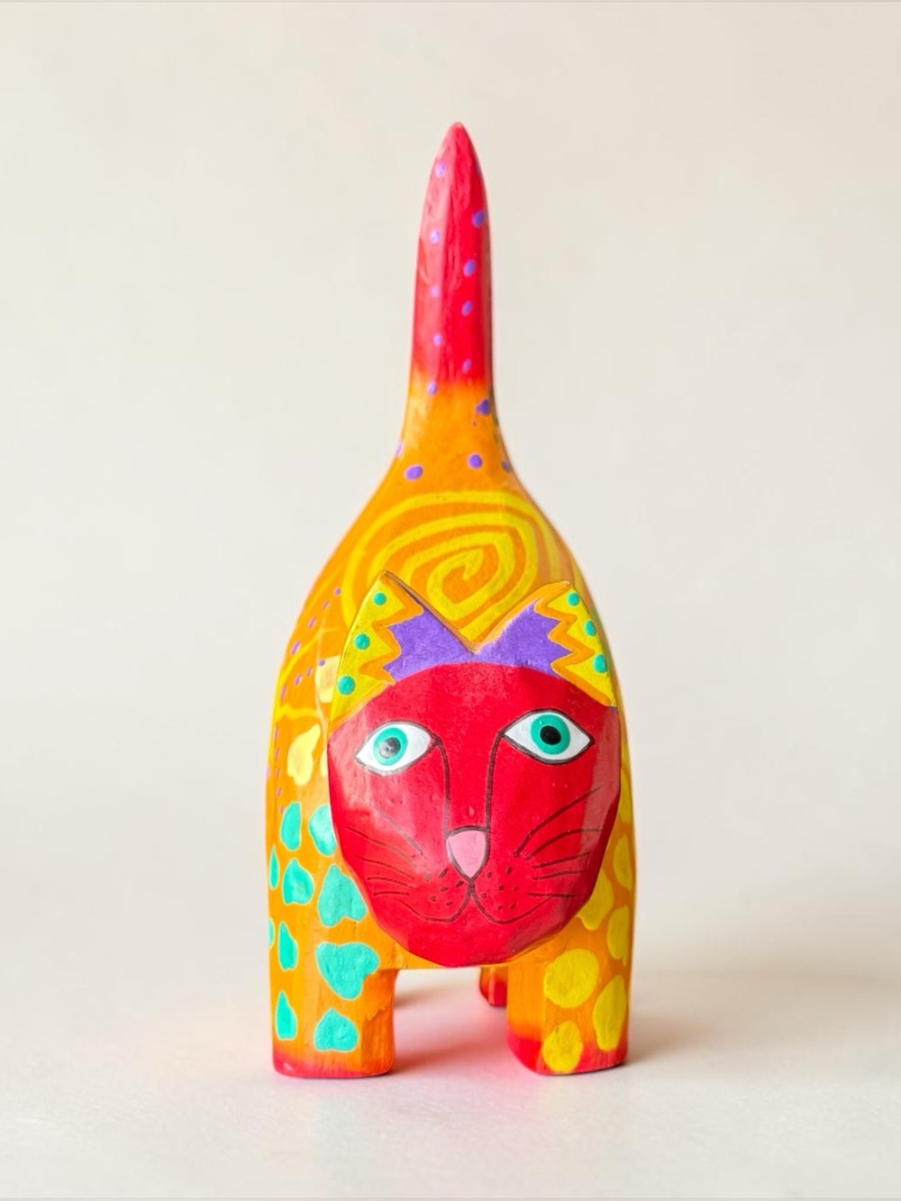 Vintage Whimsical Hand-Painted Wood Cat Figurine Accent